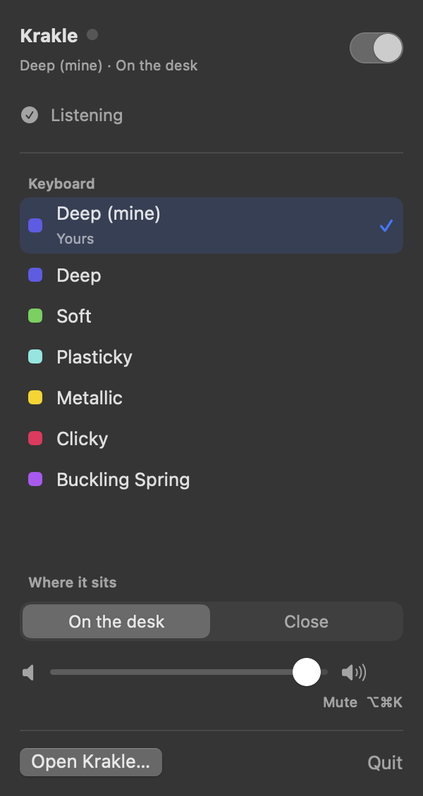 The Krakle menu bar panel with an on/off switch, the list of keyboards, where the sound sits, and volume.