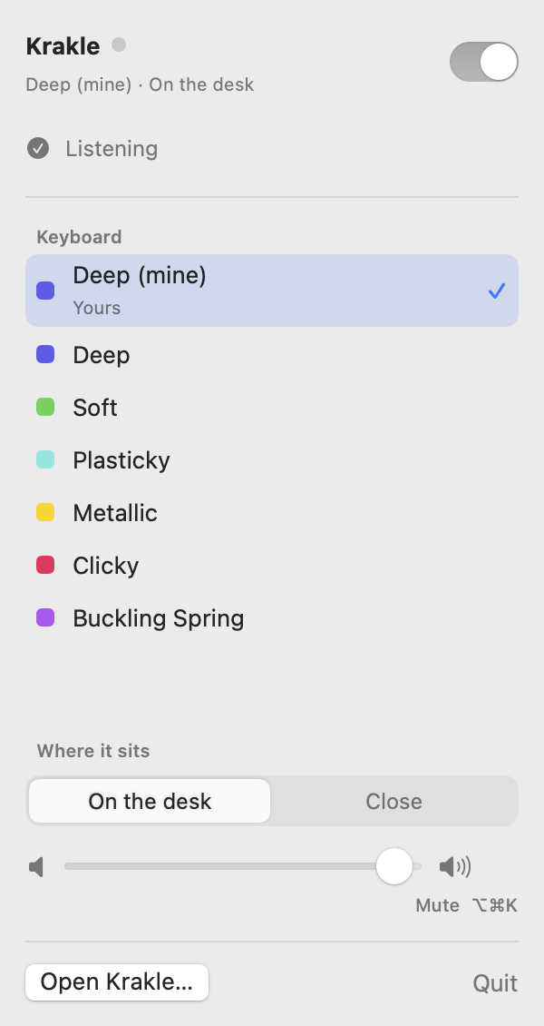 The Krakle menu bar panel with an on/off switch, the list of keyboards, where the sound sits, and volume.