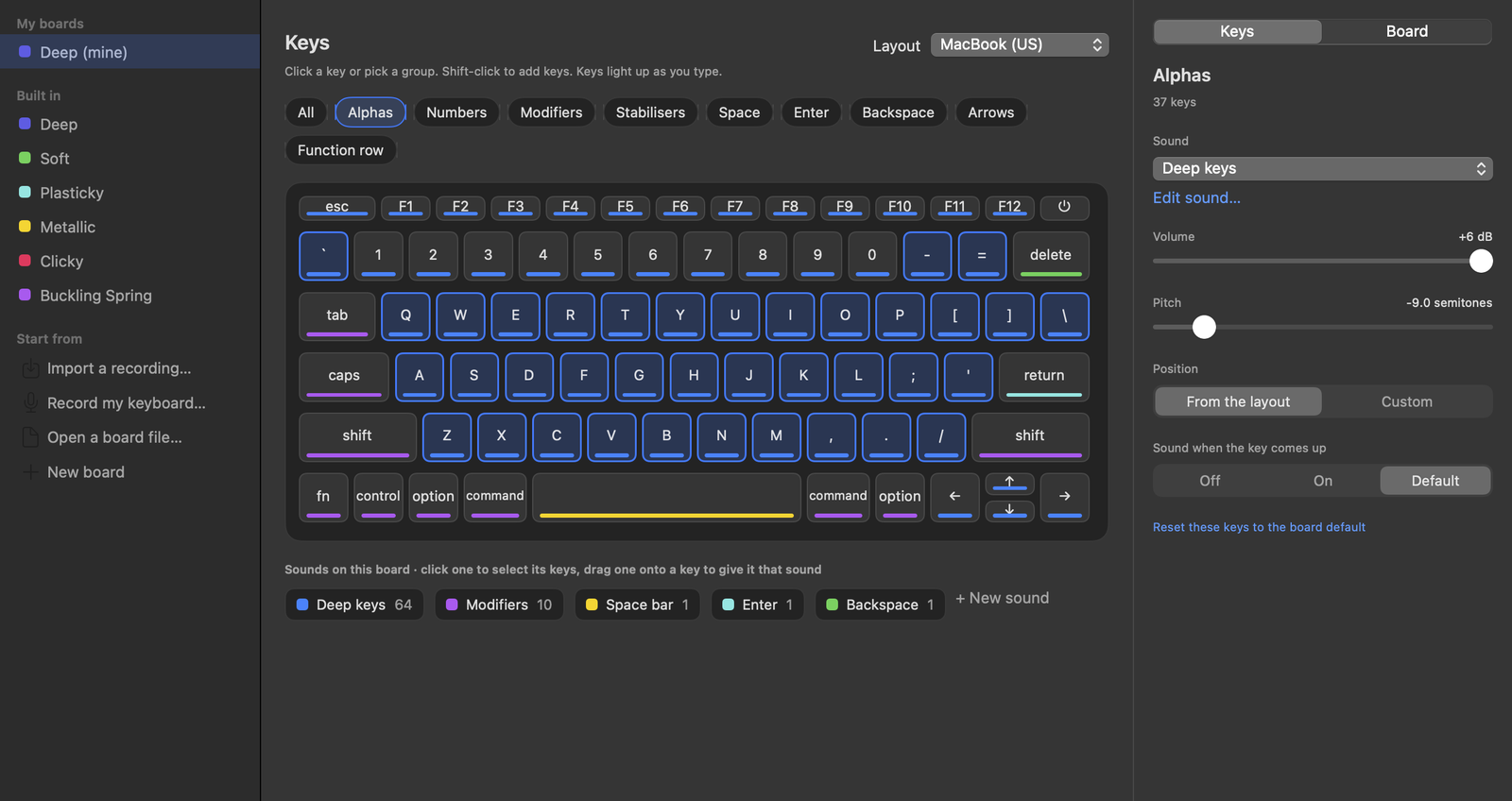 The Studio's key map: a MacBook keyboard where each key shows a coloured bar for its sound, with group filters above and key settings on the right.