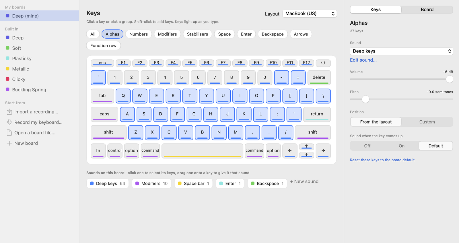 The Studio's key map: a MacBook keyboard where each key shows a coloured bar for its sound, with group filters above and key settings on the right.