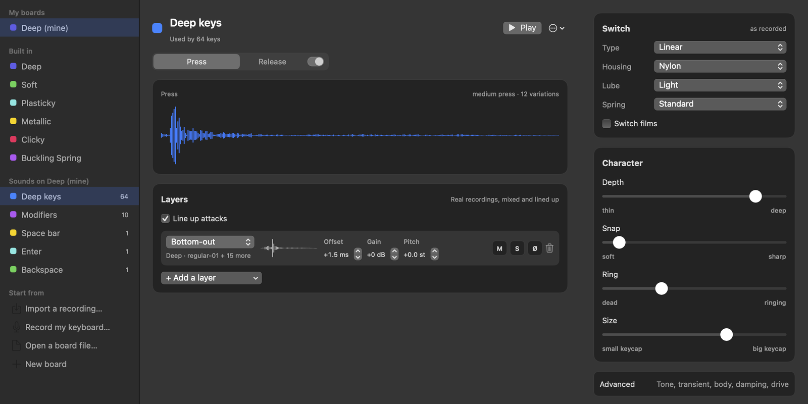 The Studio's sound editor: a waveform of one key press, its layers of recordings, and panels for the switch and the sound's character.