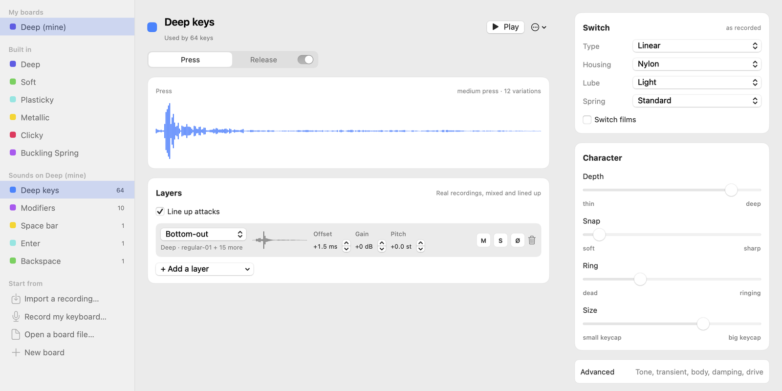 The Studio's sound editor: a waveform of one key press, its layers of recordings, and panels for the switch and the sound's character.